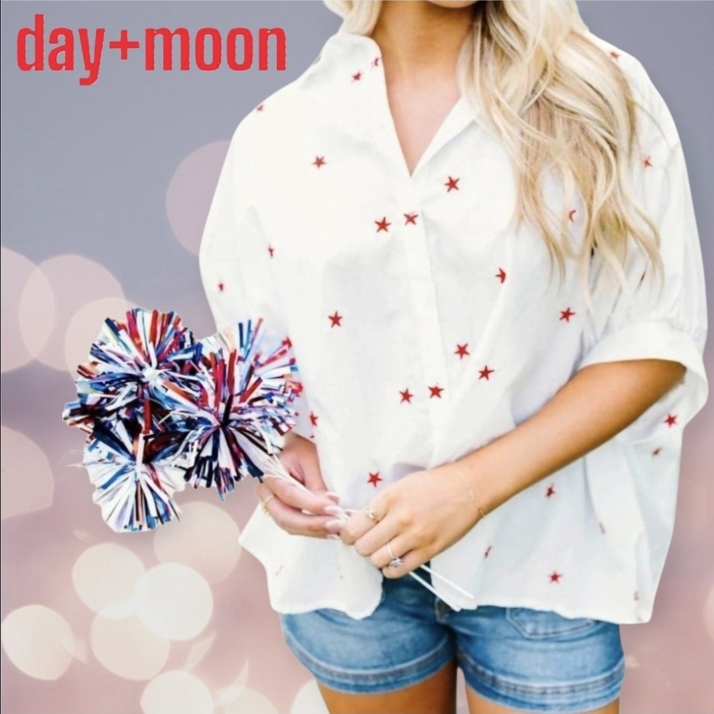 day+moon White Button-Down Top with Red Star Embroidery